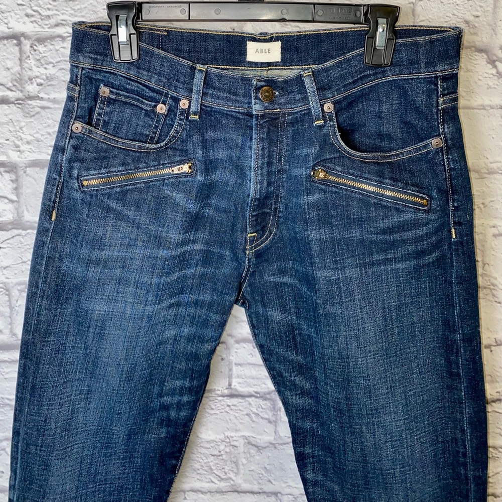 ABLE. The “Moto Slouch” Dark Wash Skinny Blue Jean. Zippered Ankles. Size 29.